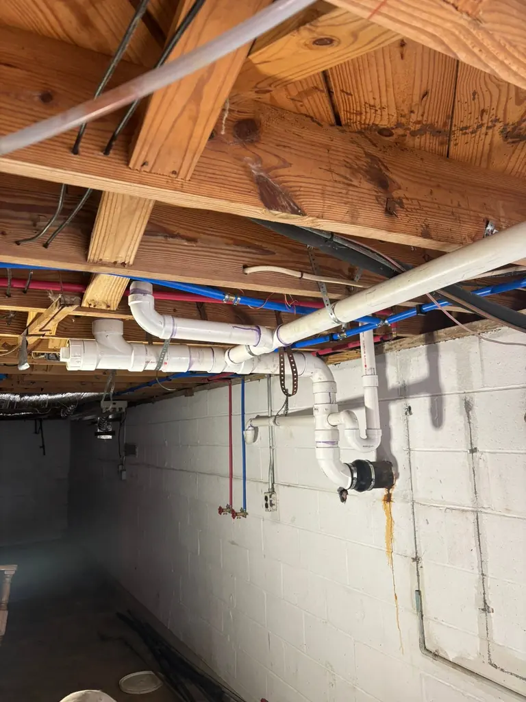 Supply and drain lines in a basement ceiling